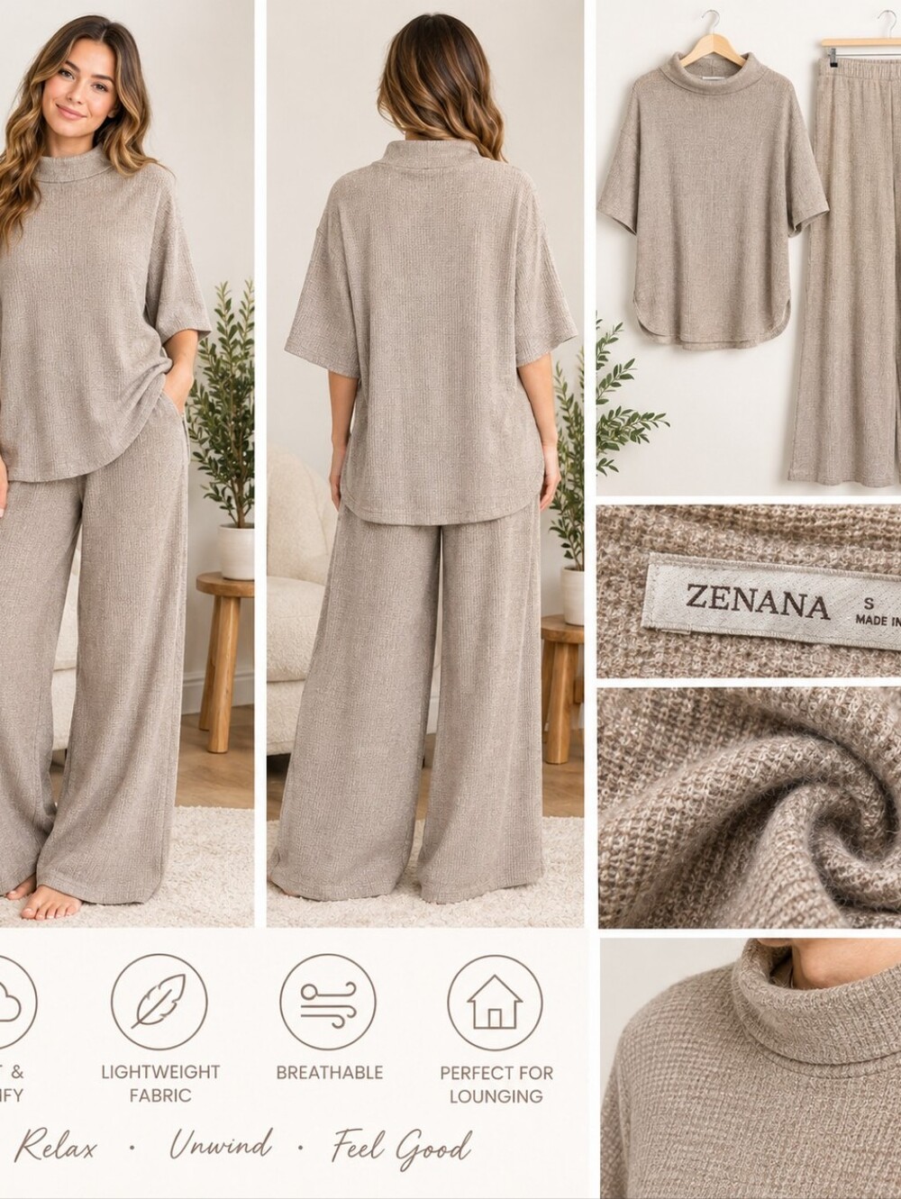 Zenana Outfitters Neutral Beige Ribbed Lounge Set Lt. Mocha